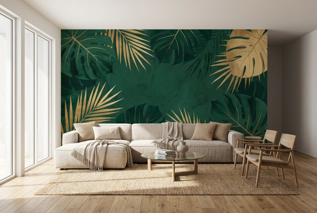 Botanische muurprint in moderne woonkamer